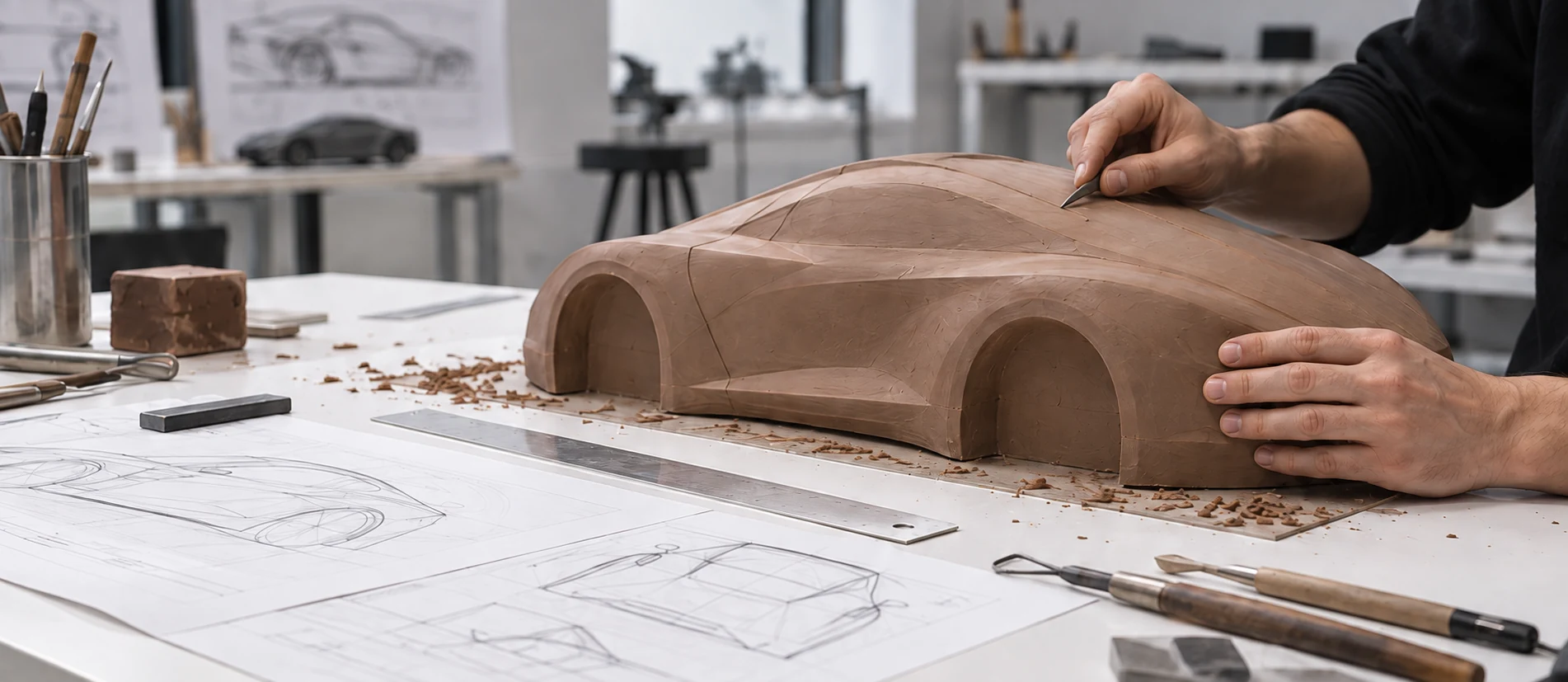 Un modellista rifinisce un modello di automobile in scala in argilla su un banco da lavoro in un luminoso studio di design